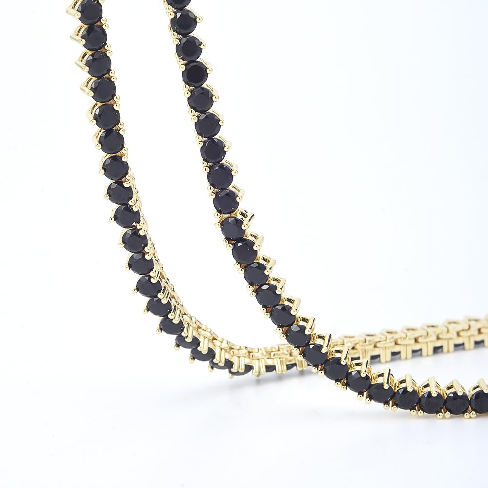RIZILIA Not-Your-Basic 3mm No-Flip Tennis Necklace for Women - Round Brilliant Cut Gemstone CZ in Black Pink White, 14K Gold Plated, Adjustable 14-18 Inch (Choker, Collar, Princess), Gift Boxed