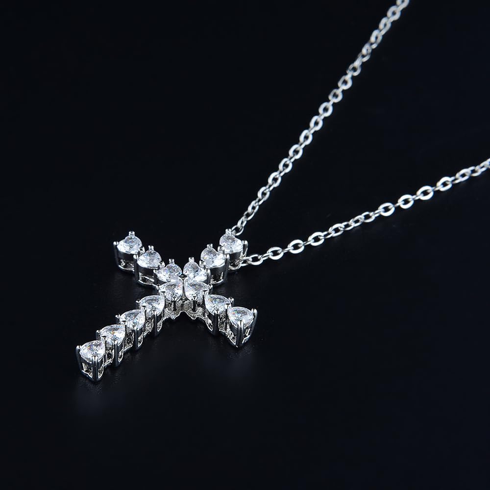 RIZILIA 18K White Gold Plated Women's Cross Necklace, Heart Cut CZ [Simulated White Topaz] Cross Pendant Necklace for Women, Trendy Jewelry Gift for Women