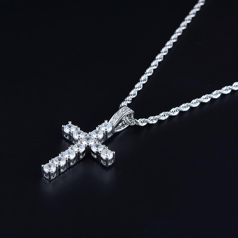 RIZILIA 18K White Gold Plated Women's Cross Necklace, Round Cut CZ [Simulated White Topaz] Cross Pendant Necklace for Women with 24" Long Rope Chain, Trendy Jewelry Gift for Women