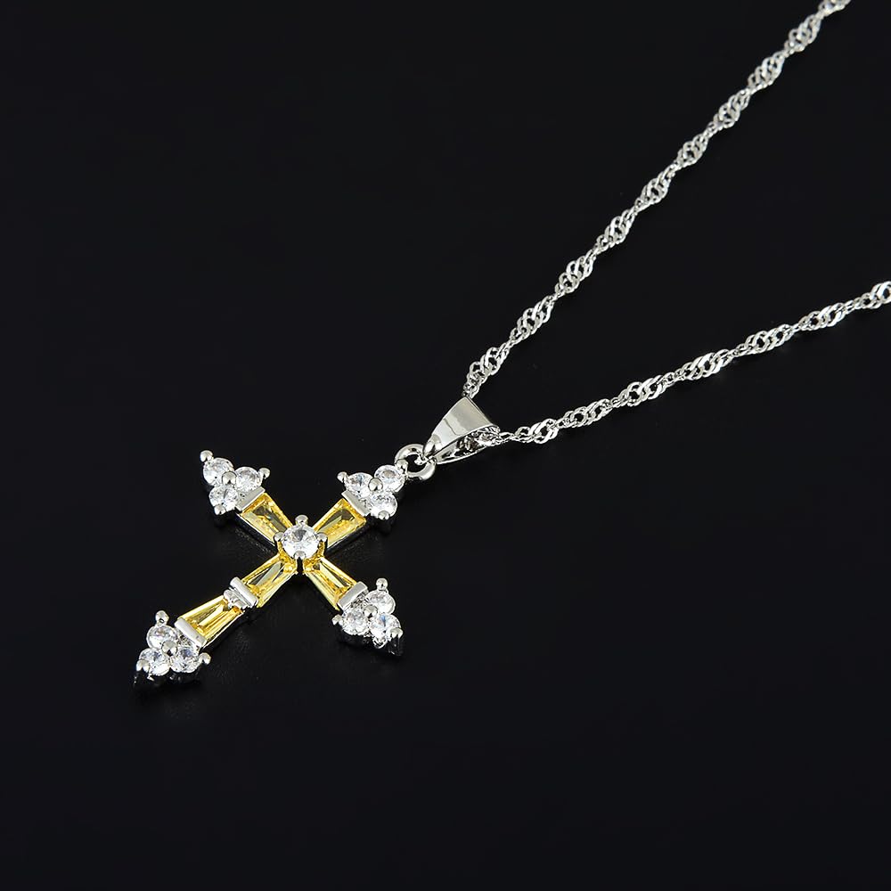 RIZILIA Cross Pendant with 18" Chain & Trapezoid Round Cut CZ [Multi-color] in White Gold Plated, Simple Modern Elegant