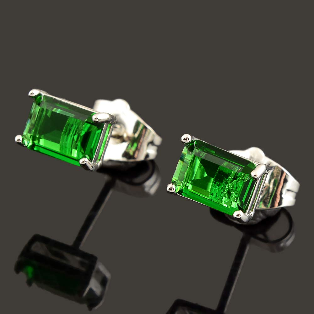 [RIZILIA CLASSIC] Stud Pierced Earrings with Emerald Cut Gemstones CZ [Multi-Colors available] in 18K White Gold Plated, Simple Modern Elegant