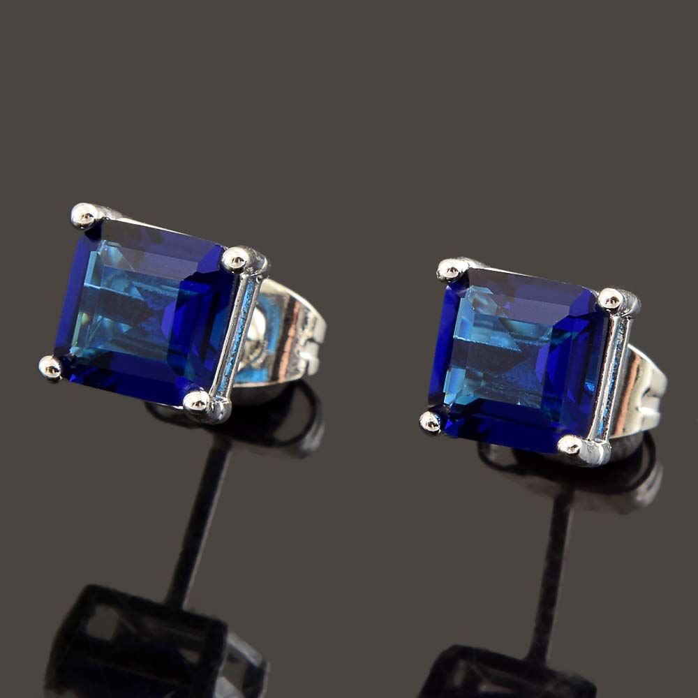[RIZILIA CLASSIC] Stud Pierced Earrings with Square Emerald Cut Gemstones CZ [Multi-Colors available] in 18K White Gold Plated, Simple Modern Elegant