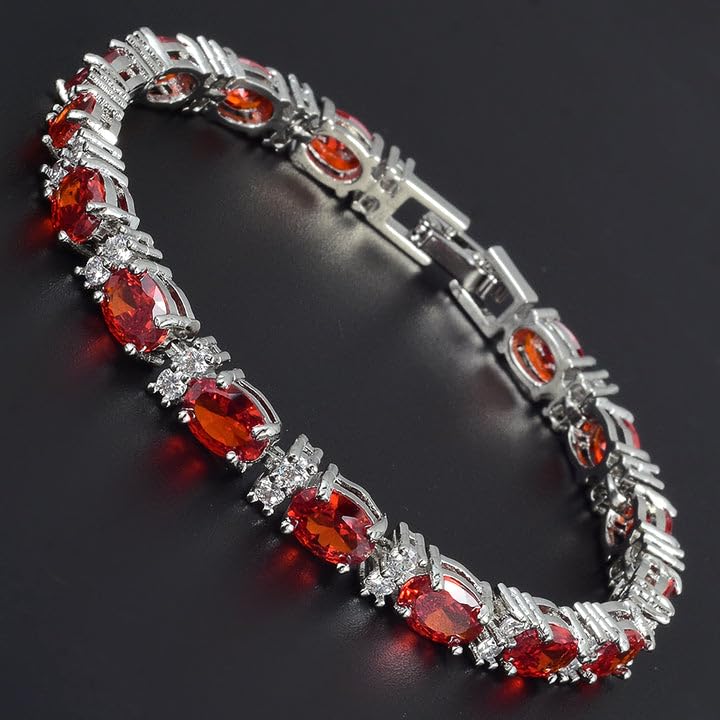 RIZILIA Oval Cut Multi-Color CZ Birthstone 18K White Gold Plated Tennis Bracelet, 7"