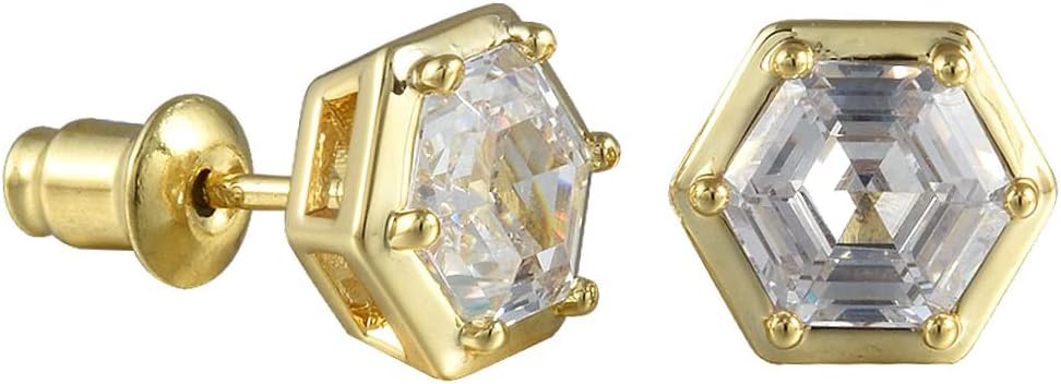 [RIZILIA BEEHIVE] Hexagon Pierced Stud Earrings with Custom-Cut 2CT 6mm Gemstone [White Cubic Zirconia] in 18K Gold Plated