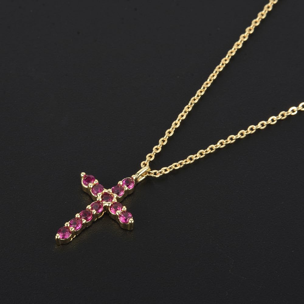 RIZILIA Not-Your-Basic Minimalist Cross Necklace for Petite Women - 14K Gold Plated Dainty Faith Birthstone Pendant - Round Cut CZ in Multi Colors, 18" Chain 0.625" Charm, Gift Boxed