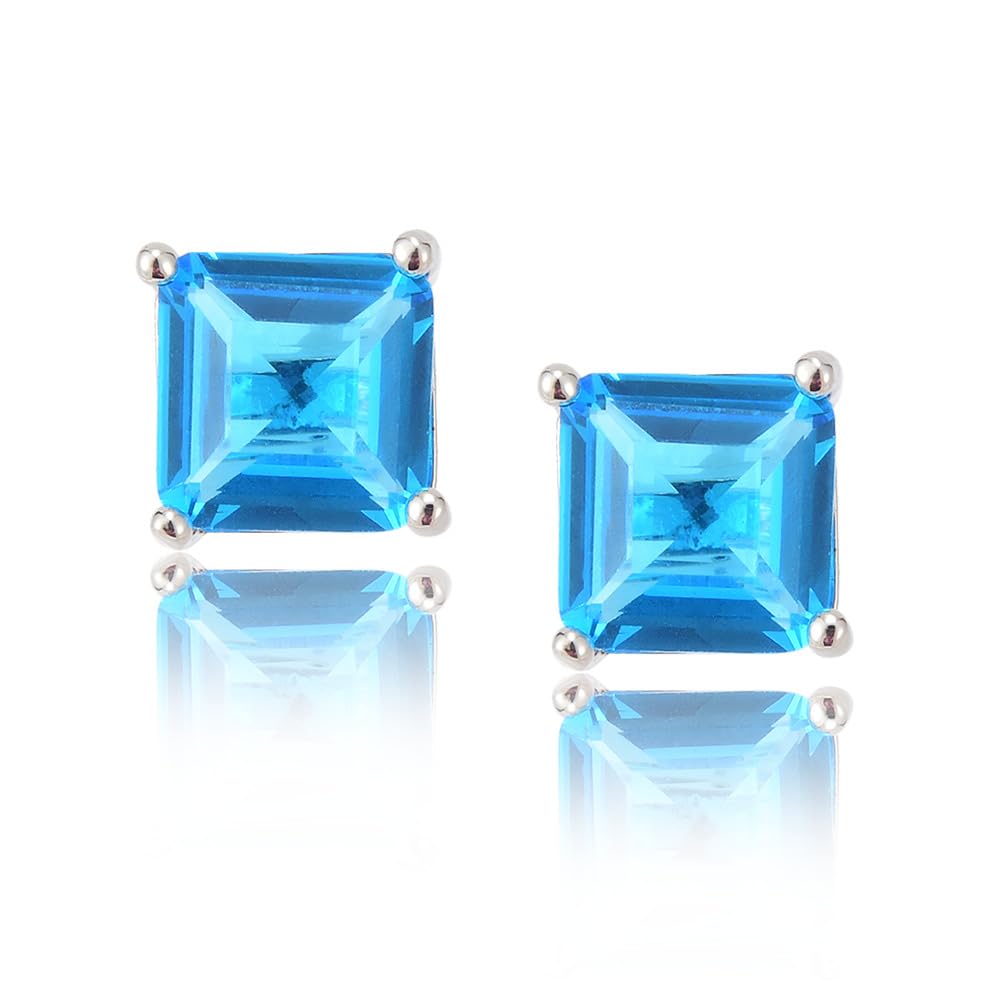 [RIZILIA CLASSIC] Stud Pierced Earrings with Square Emerald Cut Gemstones CZ [Multi-Colors available] in 18K White Gold Plated, Simple Modern Elegant