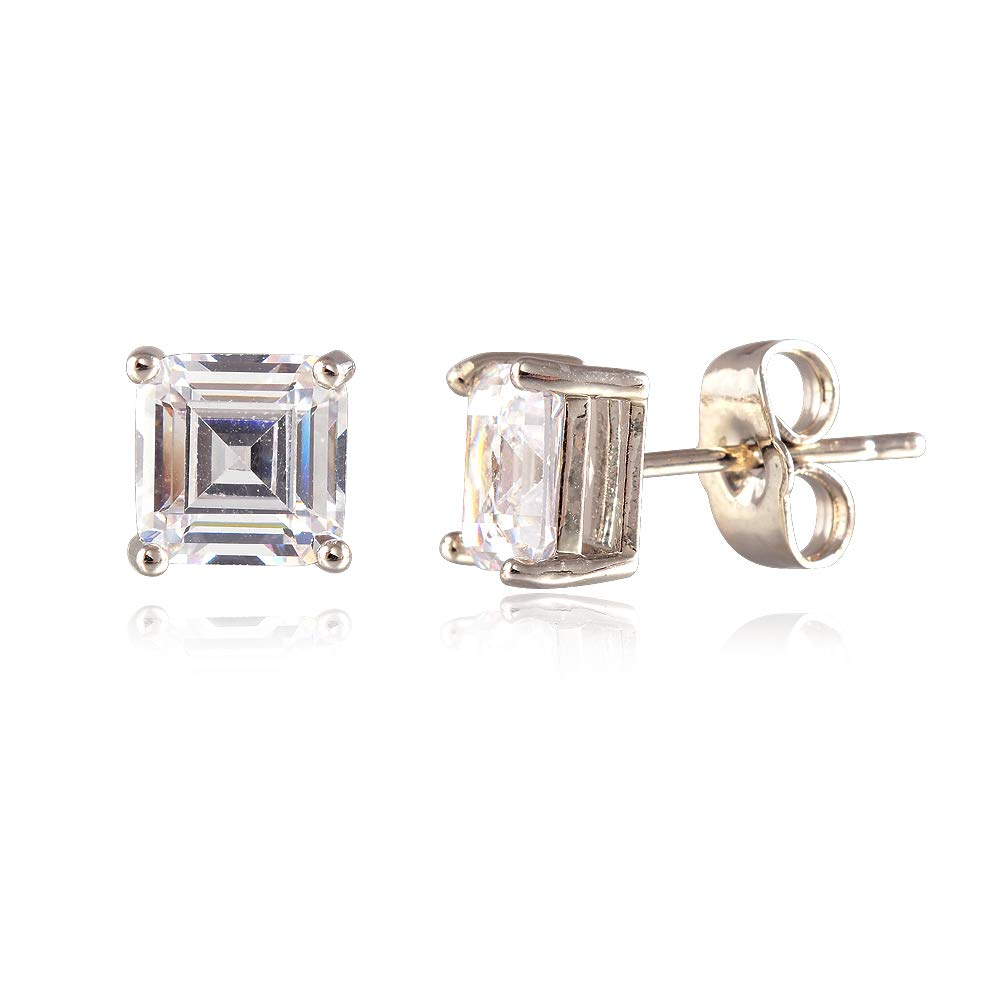 [RIZILIA CLASSIC] Stud Pierced Earrings with Square Emerald Cut Gemstones CZ [Multi-Colors available] in 18K White Gold Plated, Simple Modern Elegant