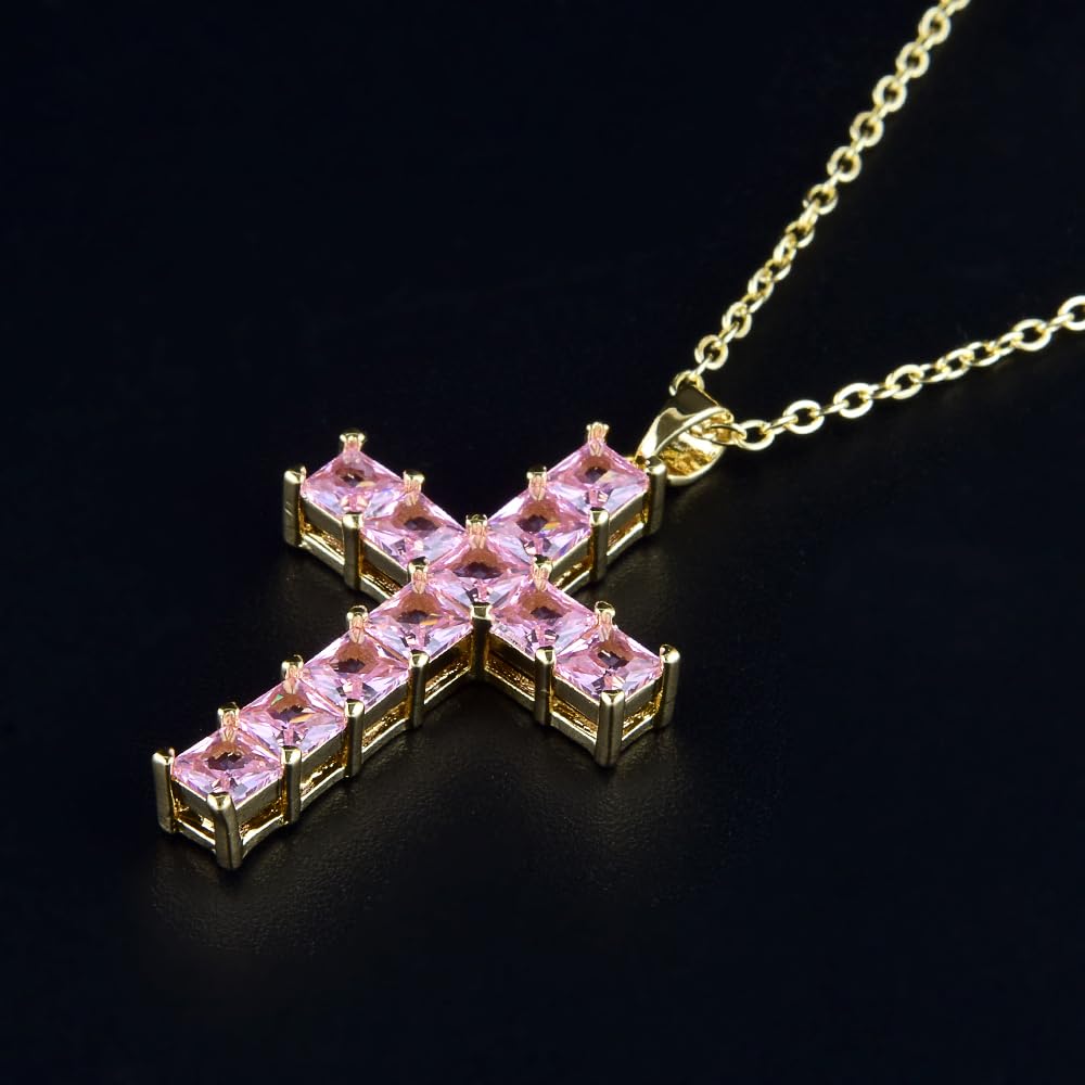 RIZILIA 18K Yellow Gold Plated Women's Cross Necklace, Princess Cut CZ [Simulated Pink Sapphire] Cross Pendant Necklace for Women, Trendy Jewelry Gift for Women
