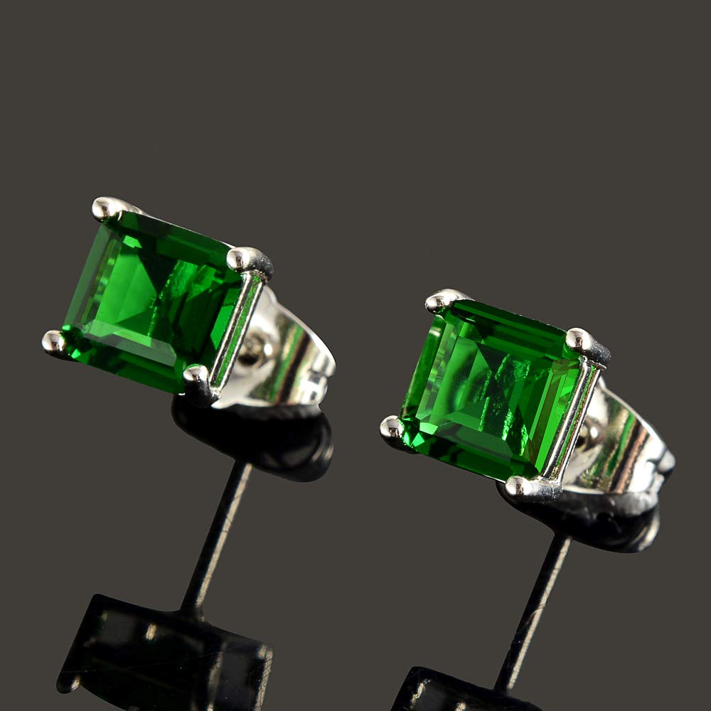 [RIZILIA CLASSIC] Stud Pierced Earrings with Square Emerald Cut Gemstones CZ [Multi-Colors available] in 18K White Gold Plated, Simple Modern Elegant