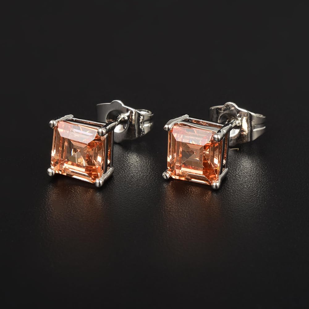 [RIZILIA CLASSIC] Stud Pierced Earrings with Square Emerald Cut Gemstones CZ [Multi-Colors available] in 18K White Gold Plated, Simple Modern Elegant