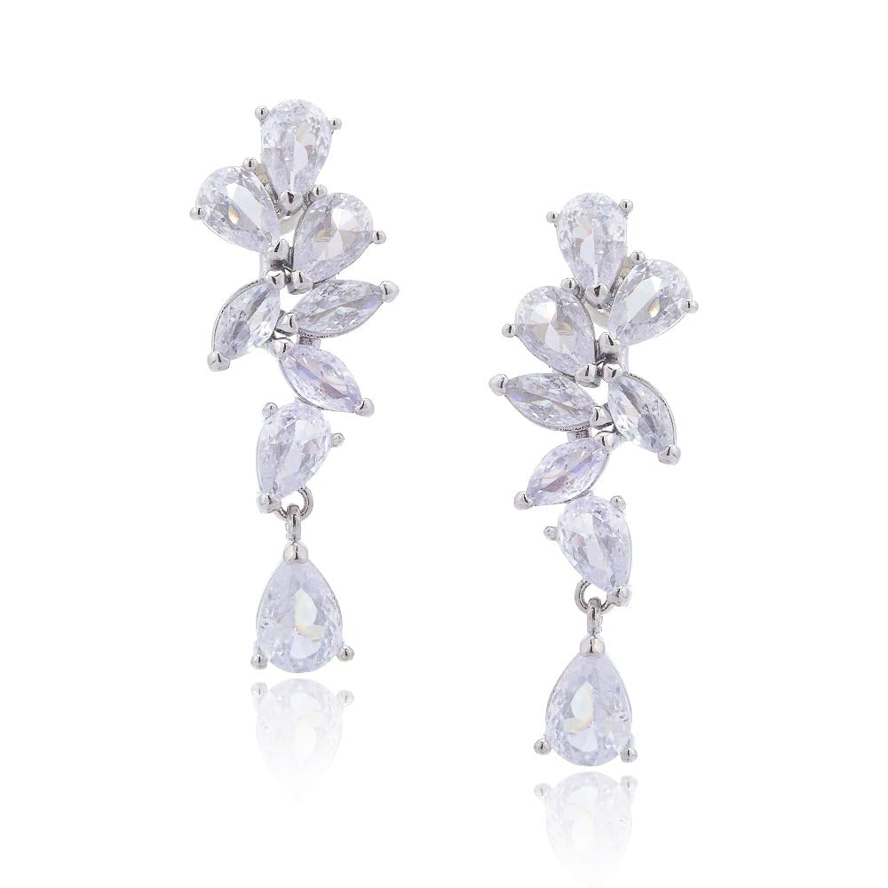 RIZILIA BLOSSOM 18K White Gold Plated Flower Earrings for Women, Lightweight Pierced CZ Floral Dangle Earrings, Trendy Jewelry Gift for Women