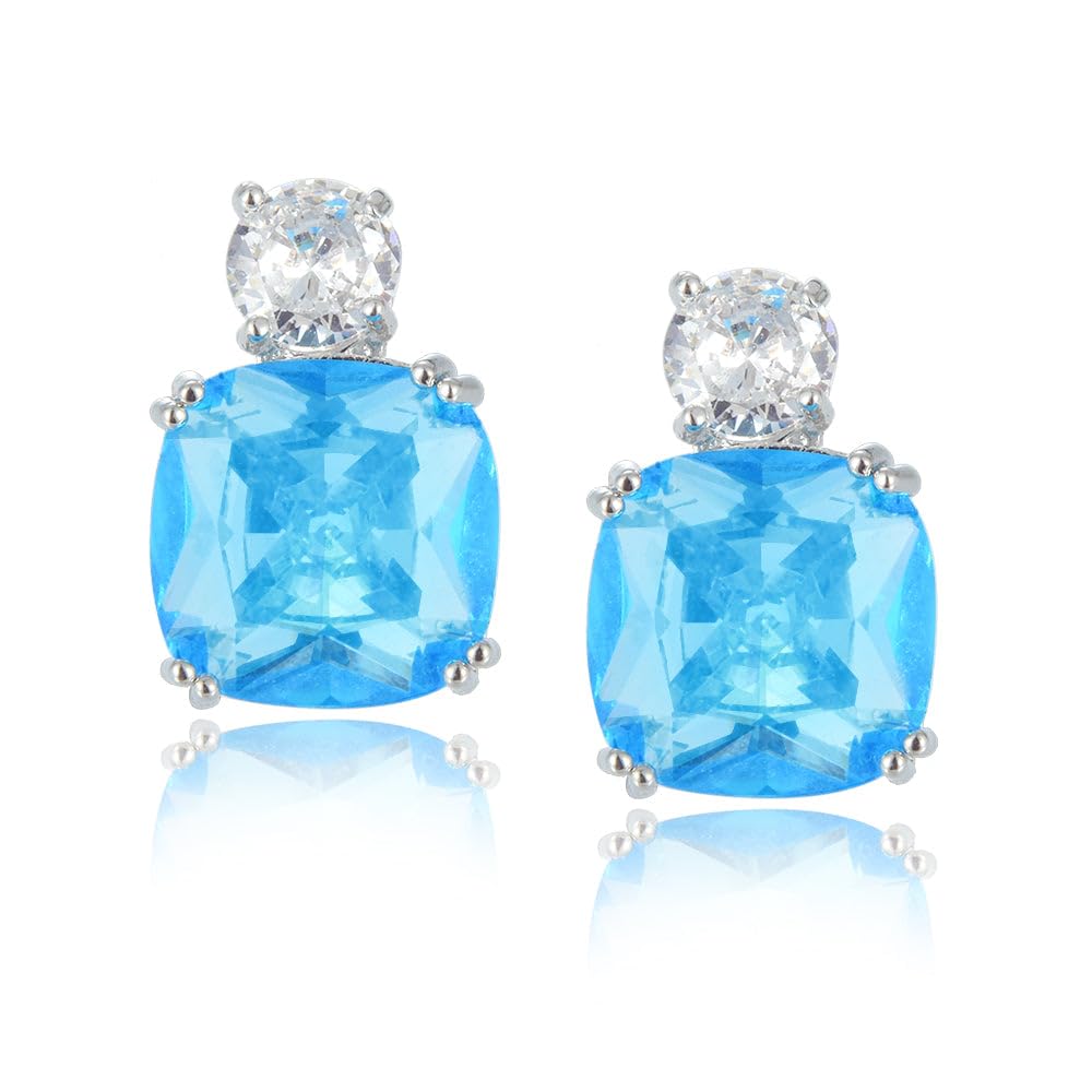 [RIZILIA CLASSIC] Stud Pierced Earrings with Cushion Cut Gemstones CZ [Multi-Colors available] in 18K White Gold Plated, Simple Modern Elegant