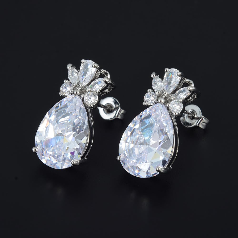 RIZILIA Teardrop Stud Pierced Earrings with Pear Cut CZ [5 Colors available] in White Gold Plated, Simple Modern Elegant