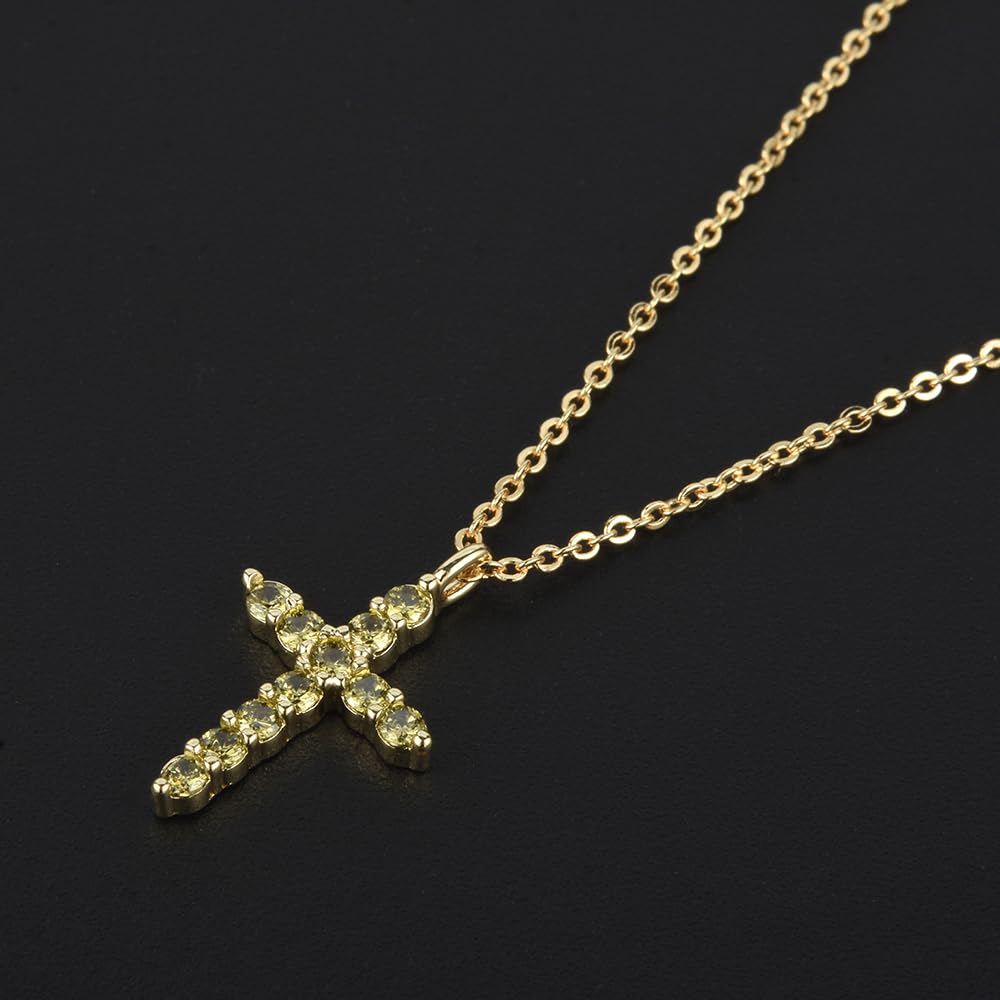 RIZILIA Not-Your-Basic Minimalist Cross Necklace for Petite Women - 14K Gold Plated Dainty Faith Birthstone Pendant - Round Cut CZ in Multi Colors, 18" Chain 0.625" Charm, Gift Boxed
