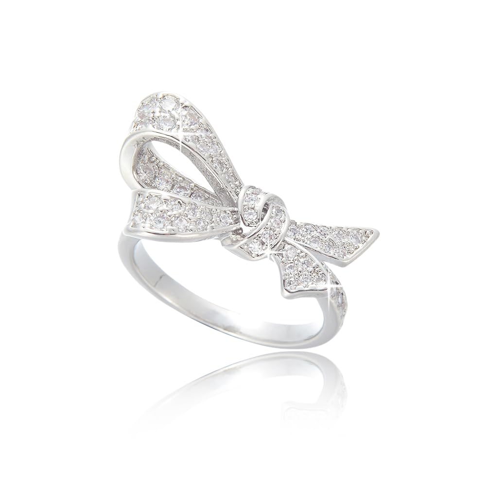 RIZILIA Classic Bow Design Cubic Zirconia Ring in 18K White Gold Plated, Multiple Colors Available, Elegant Jewelry Gift for Women