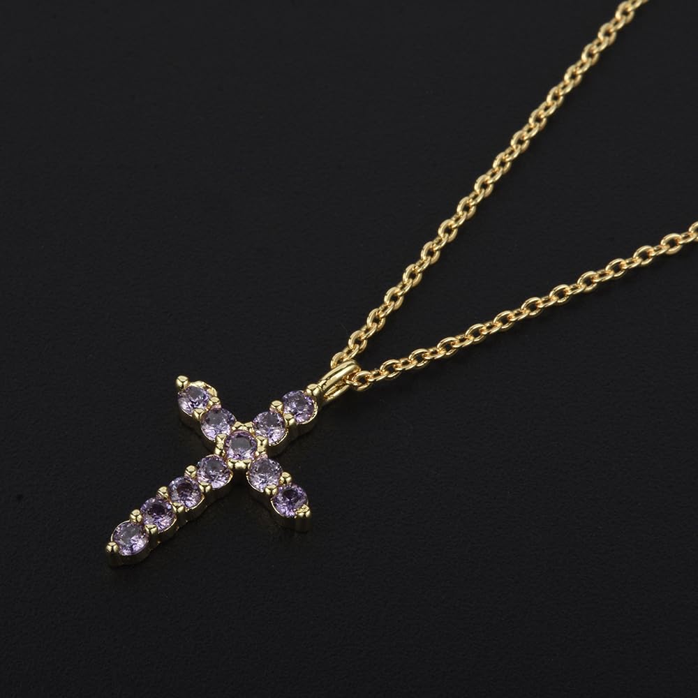 RIZILIA Not-Your-Basic Minimalist Cross Necklace for Petite Women - 14K Gold Plated Dainty Faith Birthstone Pendant - Round Cut CZ in Multi Colors, 18" Chain 0.625" Charm, Gift Boxed