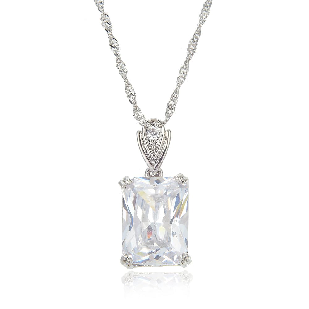 RIZILIA Pendant with 18" Chain & Rectangular Cut CZ [5 Colors available] in White Gold Plated, Simple Modern Elegant