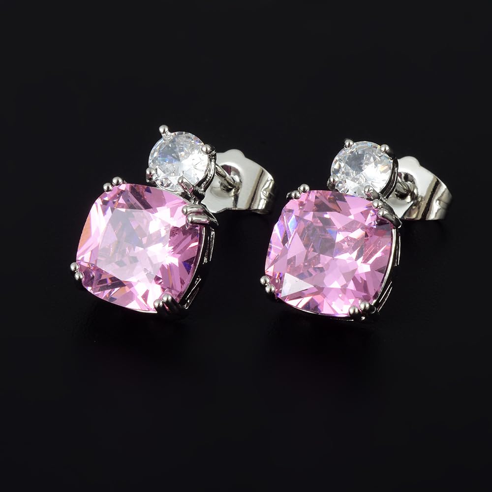 [RIZILIA CLASSIC] Stud Pierced Earrings with Cushion Cut Gemstones CZ [Multi-Colors available] in 18K White Gold Plated, Simple Modern Elegant