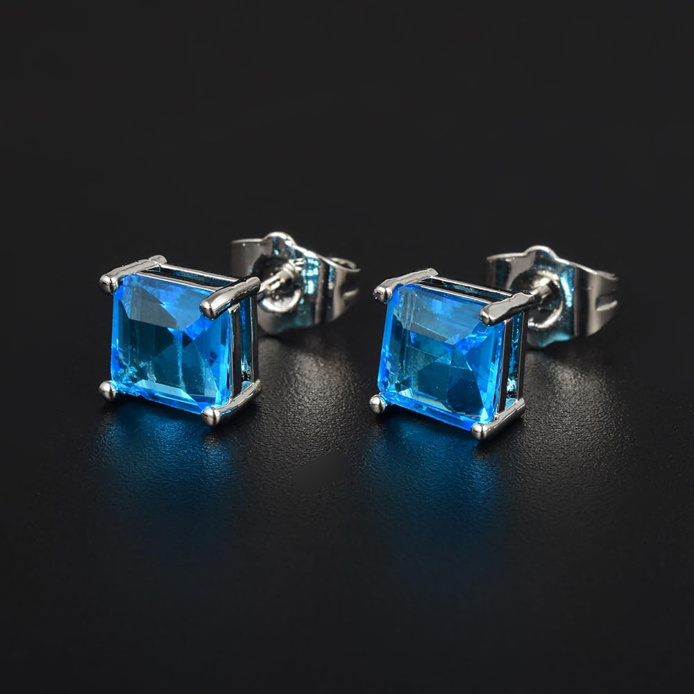 [RIZILIA CLASSIC] Stud Pierced Earrings with Square Emerald Cut Gemstones CZ [Multi-Colors available] in 18K White Gold Plated, Simple Modern Elegant