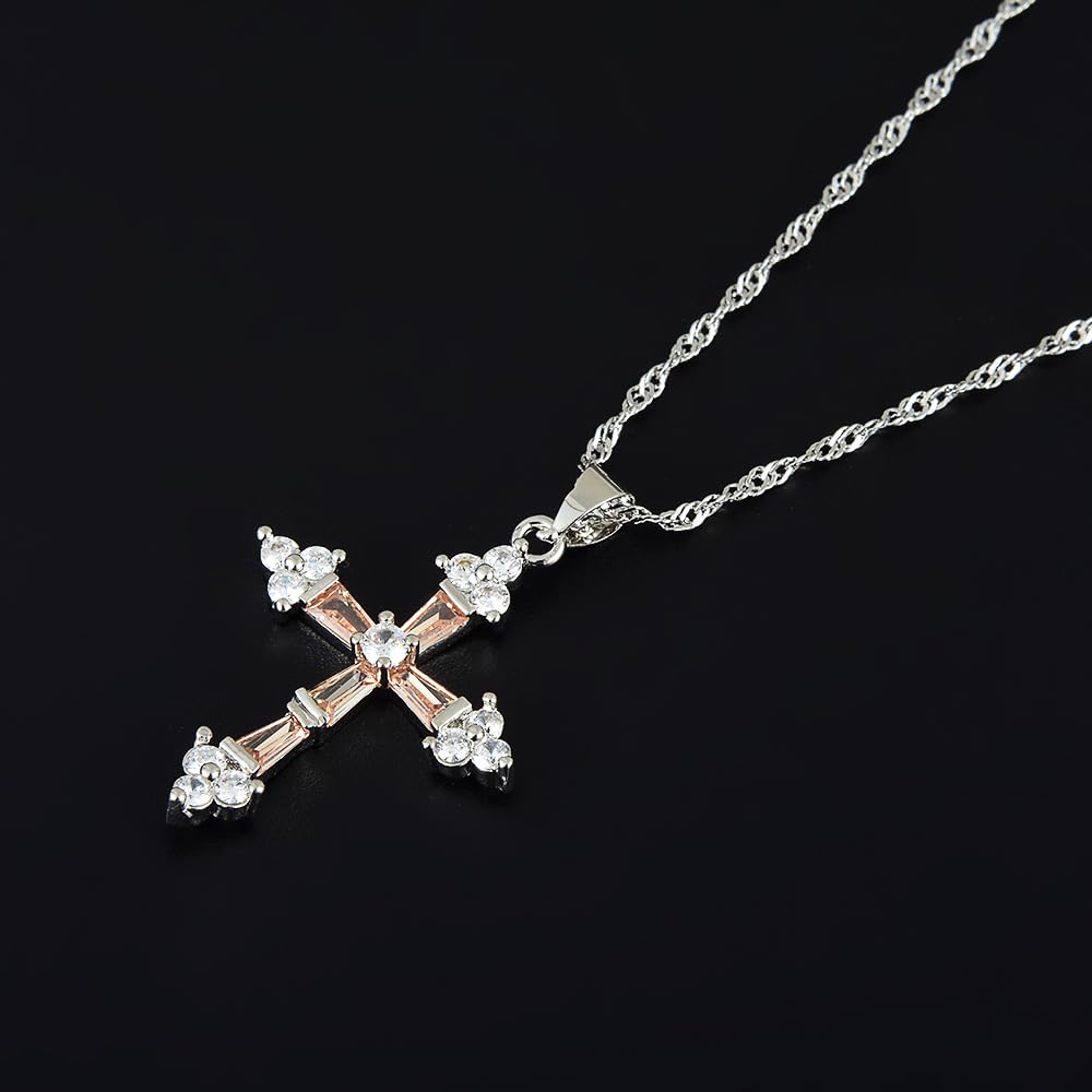 RIZILIA Cross Pendant with 18" Chain & Trapezoid Round Cut CZ [Multi-color] in White Gold Plated, Simple Modern Elegant