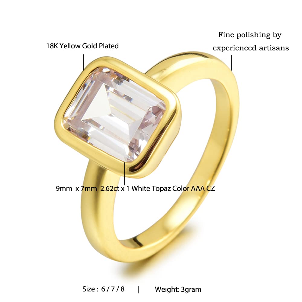 RIZILIA CELEBOX Solitaire Engagement Ring with Emerald Cut Gemstones CZ [6 Colors available] in Yellow Gold Plated, Celebrity inspired by Angelina Jolie