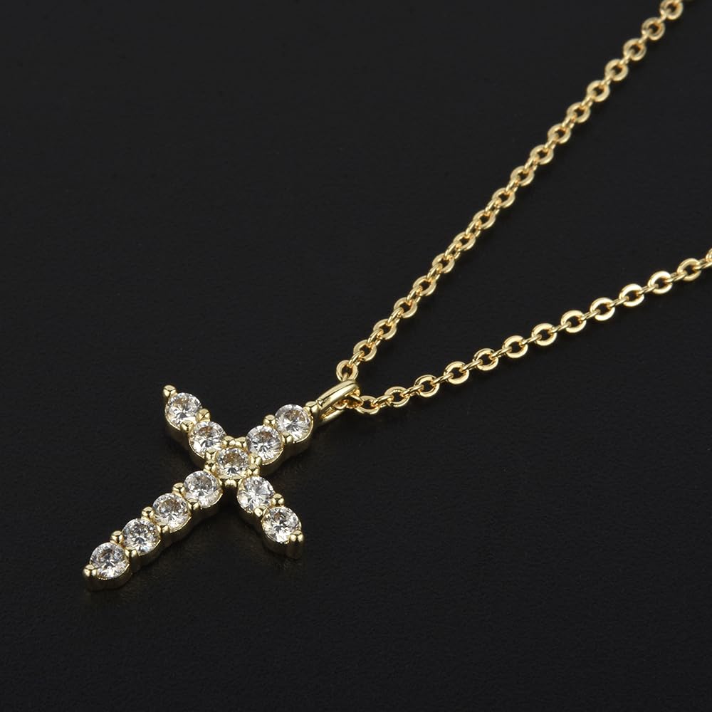 RIZILIA Not-Your-Basic Minimalist Cross Necklace for Petite Women - 14K Gold Plated Dainty Faith Birthstone Pendant - Round Cut CZ in Multi Colors, 18" Chain 0.625" Charm, Gift Boxed