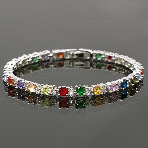 RIZILIA Round Multi-Color CZ Birthstone White Gold Plated Tennis Bracelet, 7"