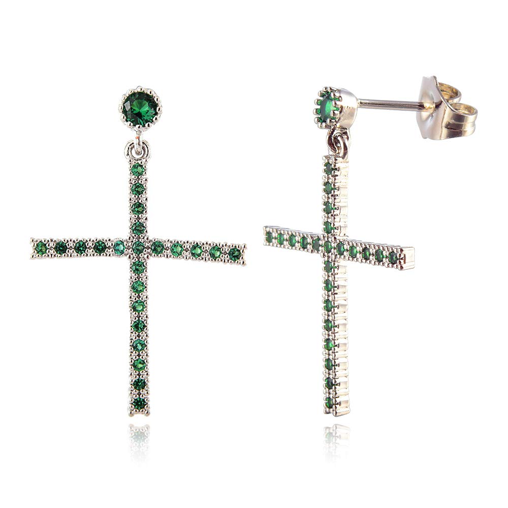 [RIZILIA CROSS] Dangle Drop Pierced Earrings with Round Cut Gemstones CZ [Multi-Colors available] in 18K White Gold Plated, Simple Modern Elegant