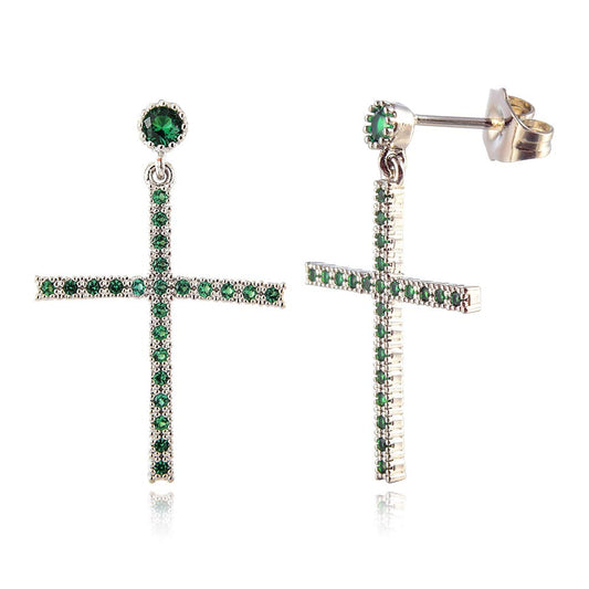 [RIZILIA CROSS] Dangle Drop Pierced Earrings with Round Cut Gemstones CZ [Multi-Colors available] in 18K White Gold Plated, Simple Modern Elegant
