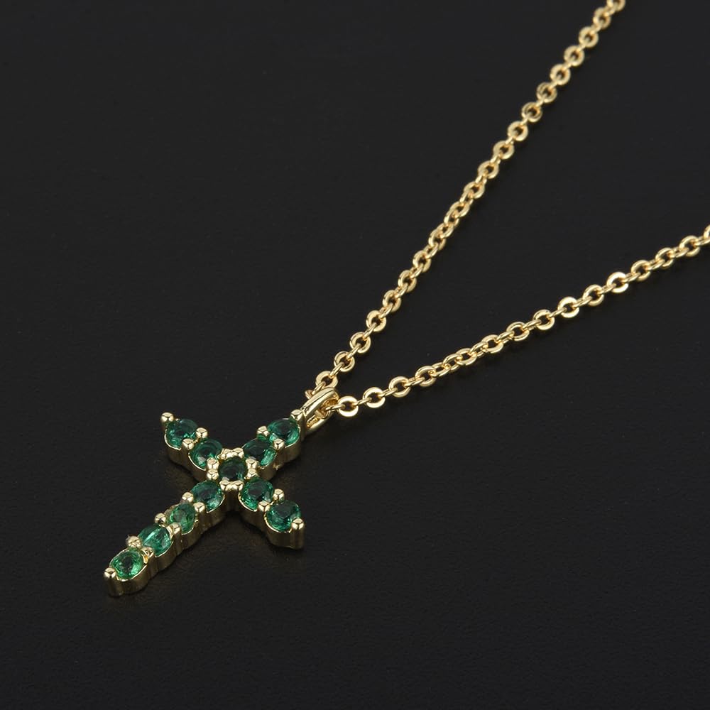 RIZILIA Not-Your-Basic Minimalist Cross Necklace for Petite Women - 14K Gold Plated Dainty Faith Birthstone Pendant - Round Cut CZ in Multi Colors, 18" Chain 0.625" Charm, Gift Boxed