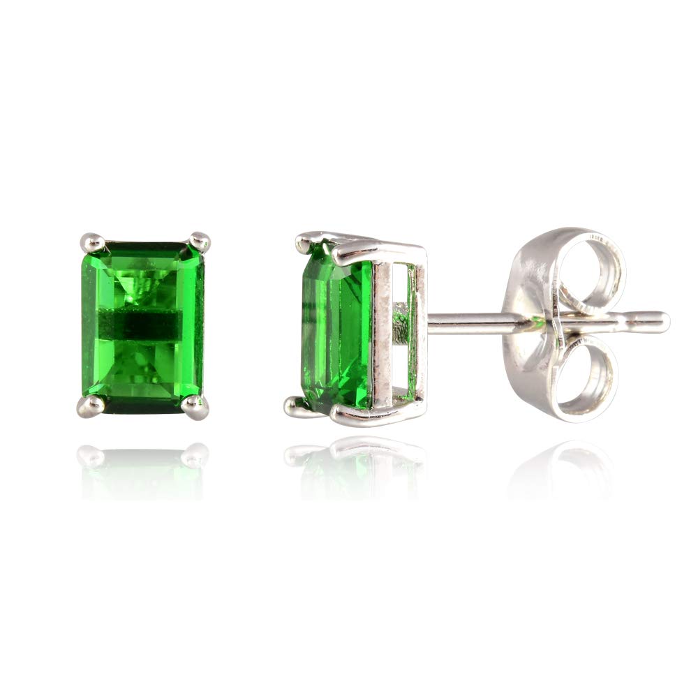 [RIZILIA CLASSIC] Stud Pierced Earrings with Emerald Cut Gemstones CZ [Multi-Colors available] in 18K White Gold Plated, Simple Modern Elegant
