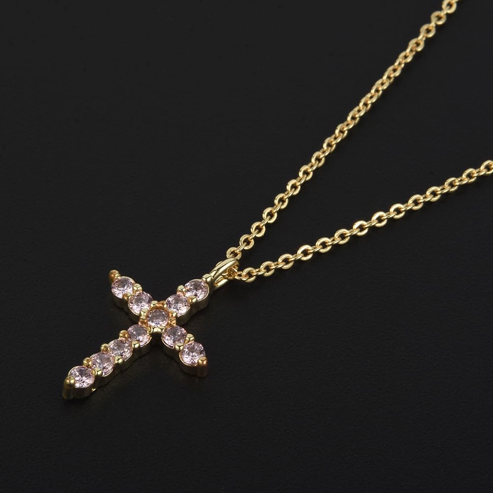 RIZILIA Not-Your-Basic Minimalist Cross Necklace for Petite Women - 14K Gold Plated Dainty Faith Birthstone Pendant - Round Cut CZ in Multi Colors, 18" Chain 0.625" Charm, Gift Boxed