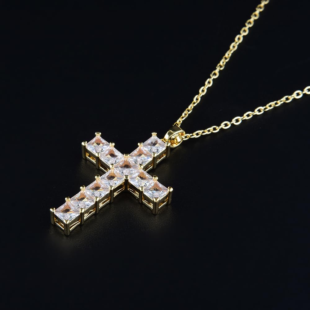 RIZILIA 18K Yellow Gold Plated Women's Cross Necklace, Princess Cut CZ [Simulated Pink Sapphire] Cross Pendant Necklace for Women, Trendy Jewelry Gift for Women