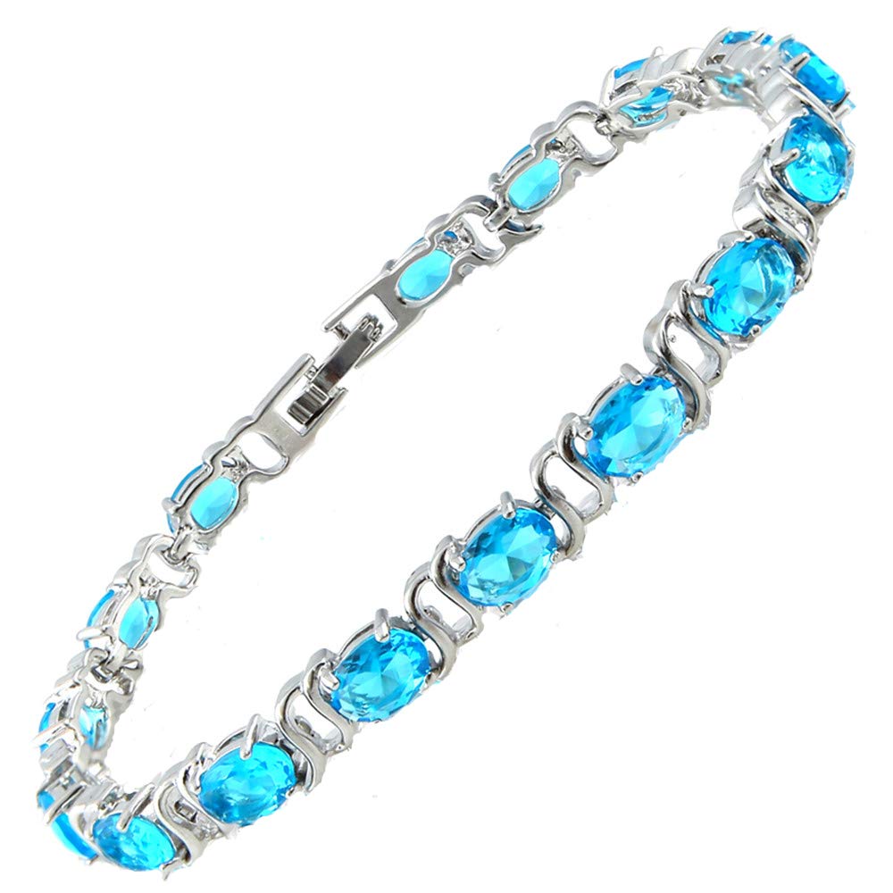 RIZILIA Oval Cut Multi-Color CZ 18K White Gold Plated Tennis Bracelet, 7"