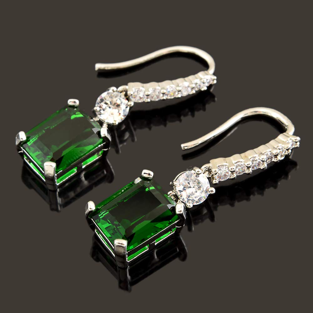 [RIZILIA CLASSIC] Dangle Drop Pierced Swan Hook Earrings with Emerald Cut Gemstones CZ [Multi-Colors available] in 18K White Gold Plated, Simple Modern Elegant