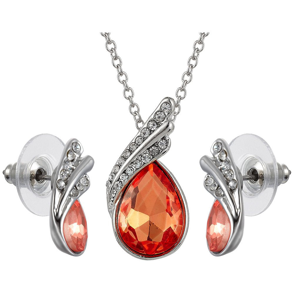 RIZILIA TEARDROP Jewelry Set Pendant with 17" Chain & Stud Earrings Pear Cut Austrian Crystal in White Gold Plated