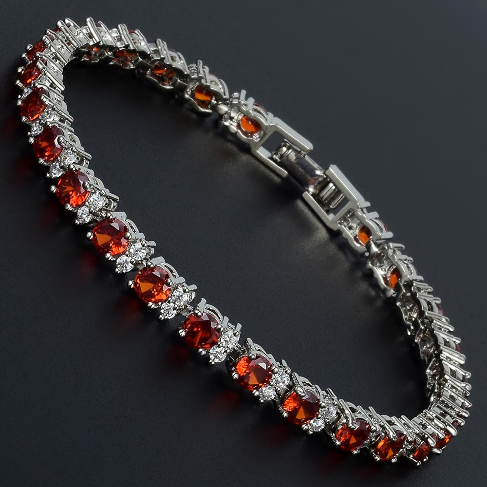 RIZILIA Round Multi-Color CZ Birthstone White Gold Plated Tennis Bracelet, 7"