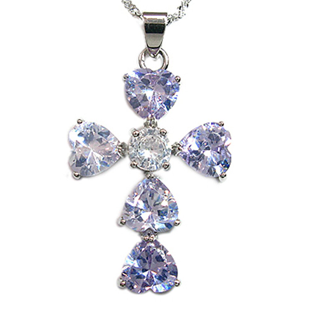 RIZILIA Cross Pendant with 18" Chain & Heart Cut CZ [6 Colors available] in White Gold Plated, Simple Modern Elegant