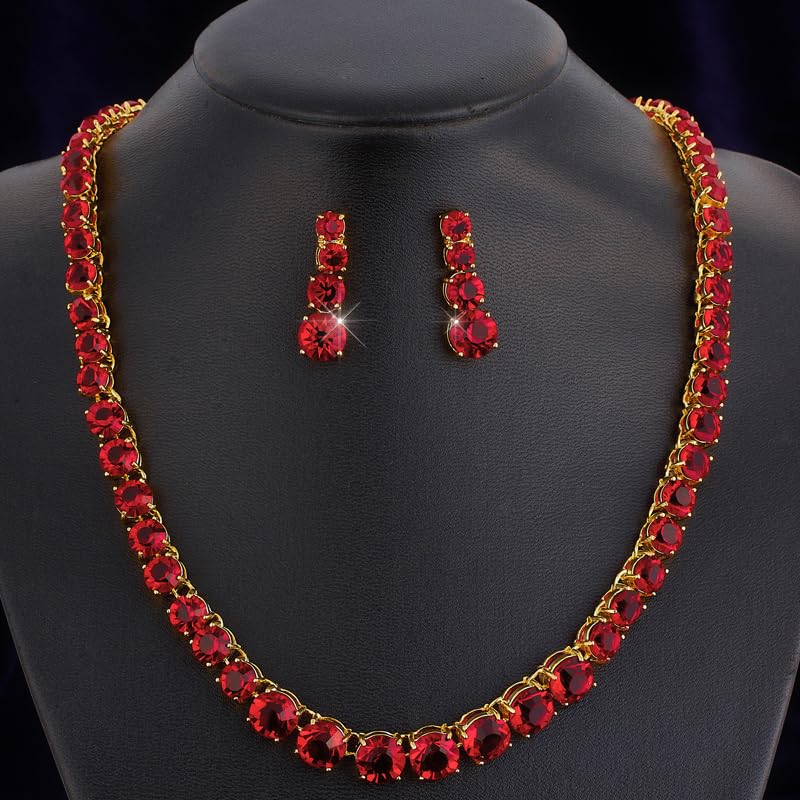 RIZILIA Jewelry Set for Women – 19" Necklace & Dangle Earrings, Round Cut Cubic Zirconia (Multi Color Birthstones) in Yellow Gold Plated – Inspired by Anna Wintour - Elegant Gift for her