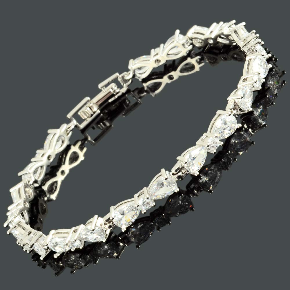 RIZILIA Women Pear White Cubic Zirconia CZ 18K Gold Plated Flower Tennis Bracelet Chain