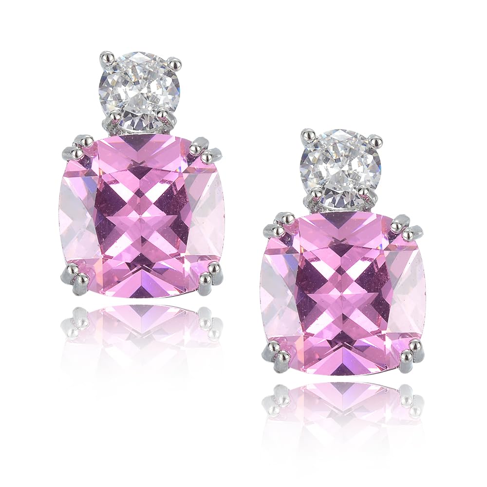 [RIZILIA CLASSIC] Stud Pierced Earrings with Cushion Cut Gemstones CZ [Multi-Colors available] in 18K White Gold Plated, Simple Modern Elegant