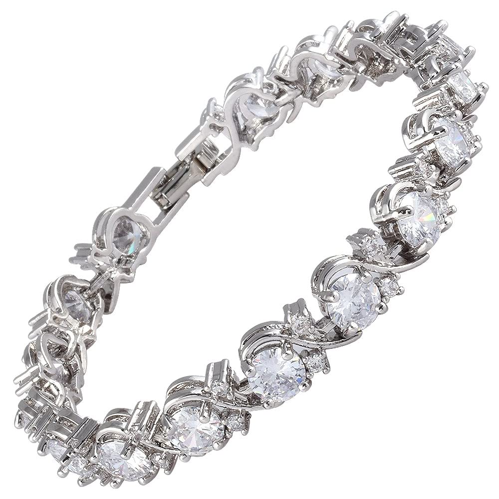 RIZILIA BLOSSOM Tennis Bracelet & Round Cut CZ [6 Colors available] in White Gold Plated, 7"
