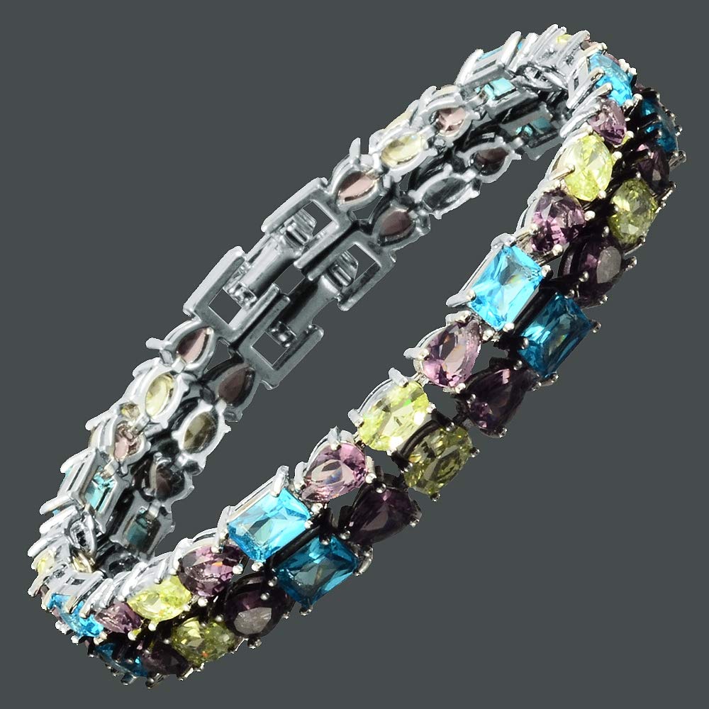 RIZILIA Emerald&Oval&Pear Cut White Cubic Zirconia CZ 18K White Gold Plated Tennis Bracelet, 7"