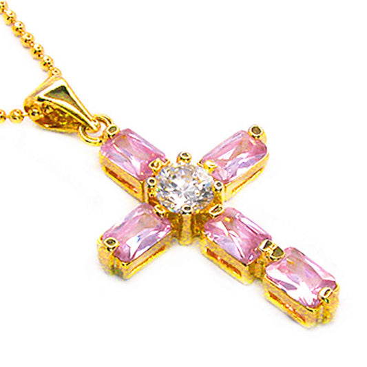 RIZILIA Cross Pendant with 18" Chain & Rectangular Cut CZ [6 Colors available] in Yellow Gold Plated, Simple Modern Elegant