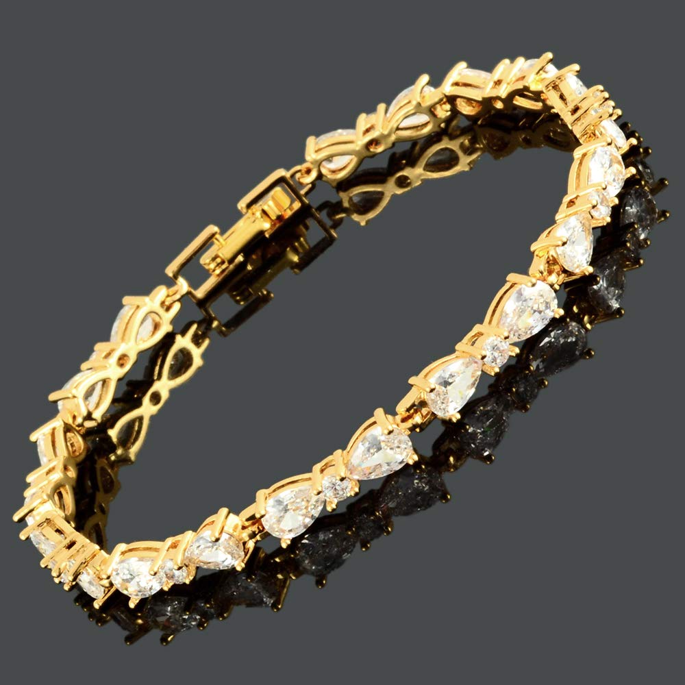 RIZILIA Women Pear White Cubic Zirconia CZ 18K Gold Plated Flower Tennis Bracelet Chain