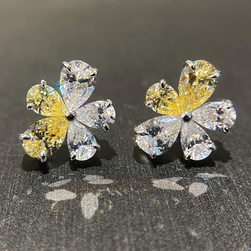 RIZILIA BLOSSOM 18K White Gold Plated Flower Earrings for Women, Pear Cut CZ [Simulated Yellow Citrine] Floral Stud Earrings, Trendy Jewelry Gift for Women Mom