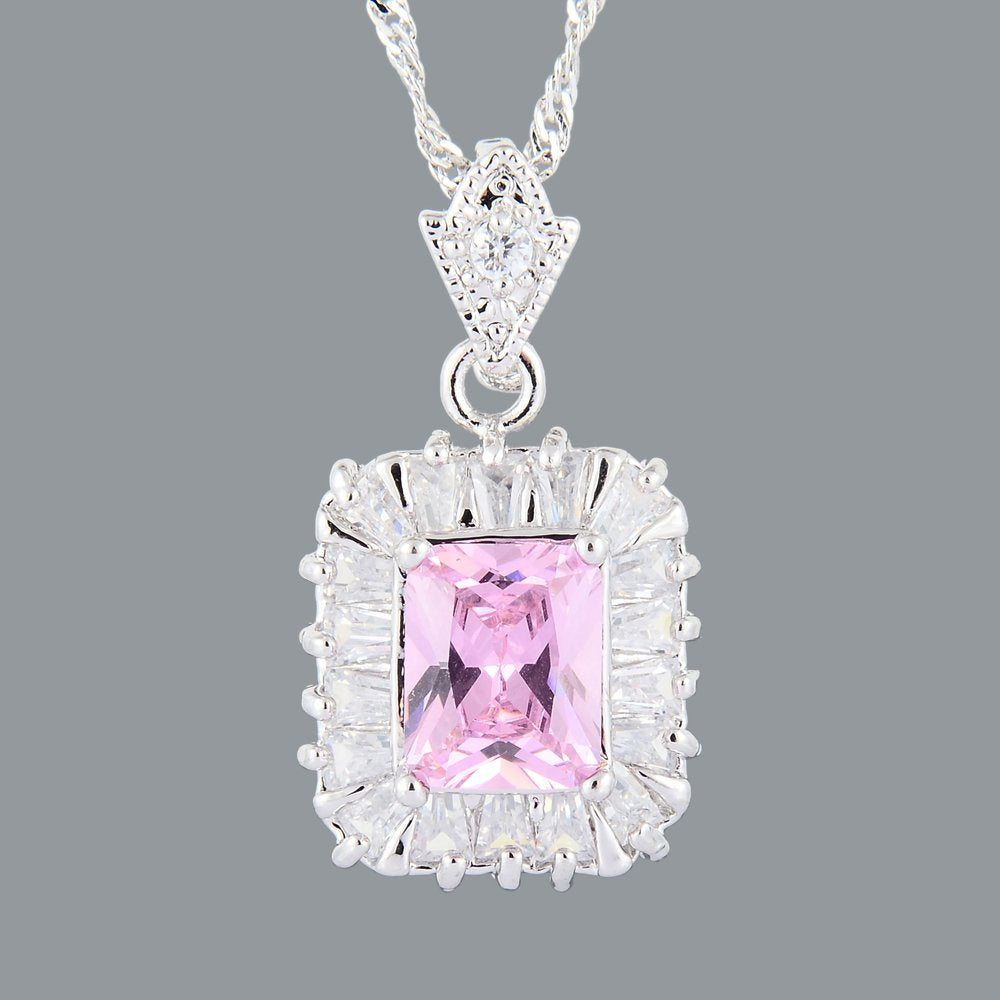 RIZILIA Pendant with 18" Chain & Rectangular Cut CZ [5 Colors available] in White Gold Plated, Simple Modern Elegant
