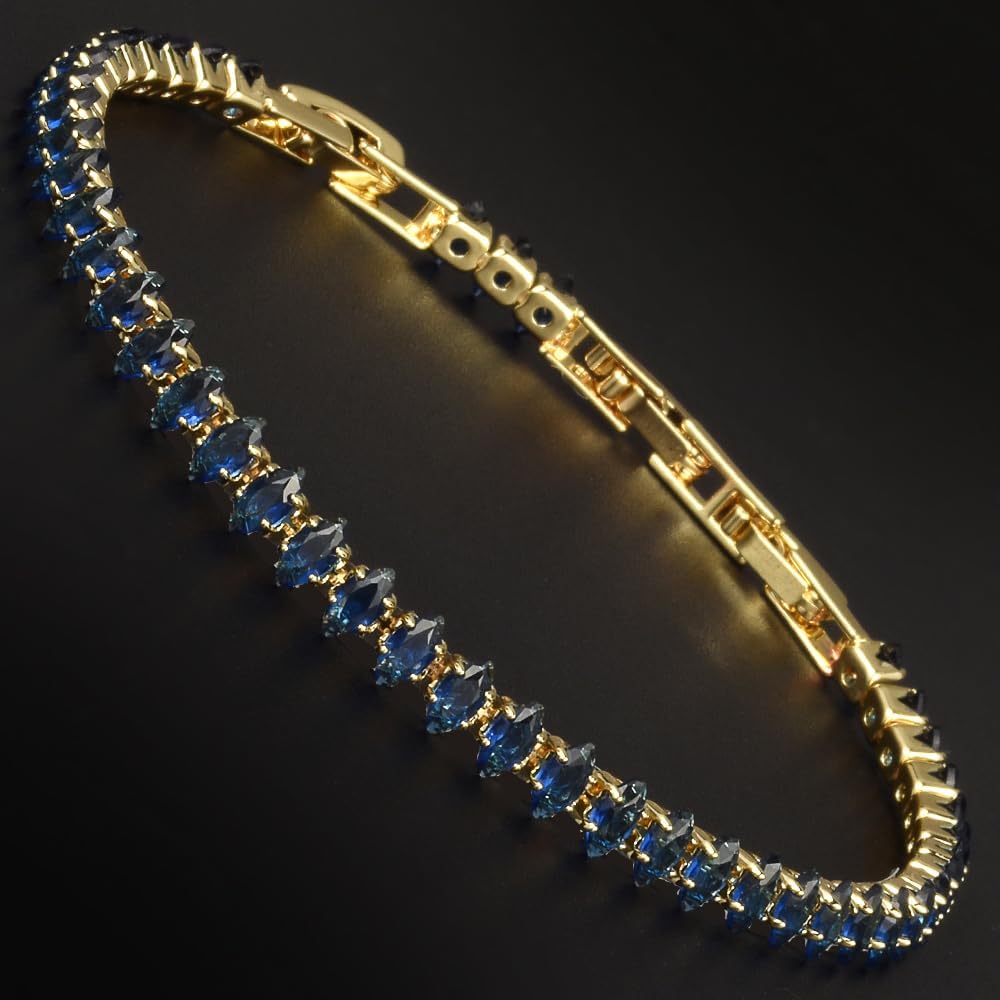 RIZILIA Not-Your-Basic Minimalist to Statement Tennis Bracelet for Women - Round/Marquise/Princess Gemstone CZ in Multi Colors, 14K Gold Plated, 6.5" Base with 0.5"/1" Extenders to 7-7.5"