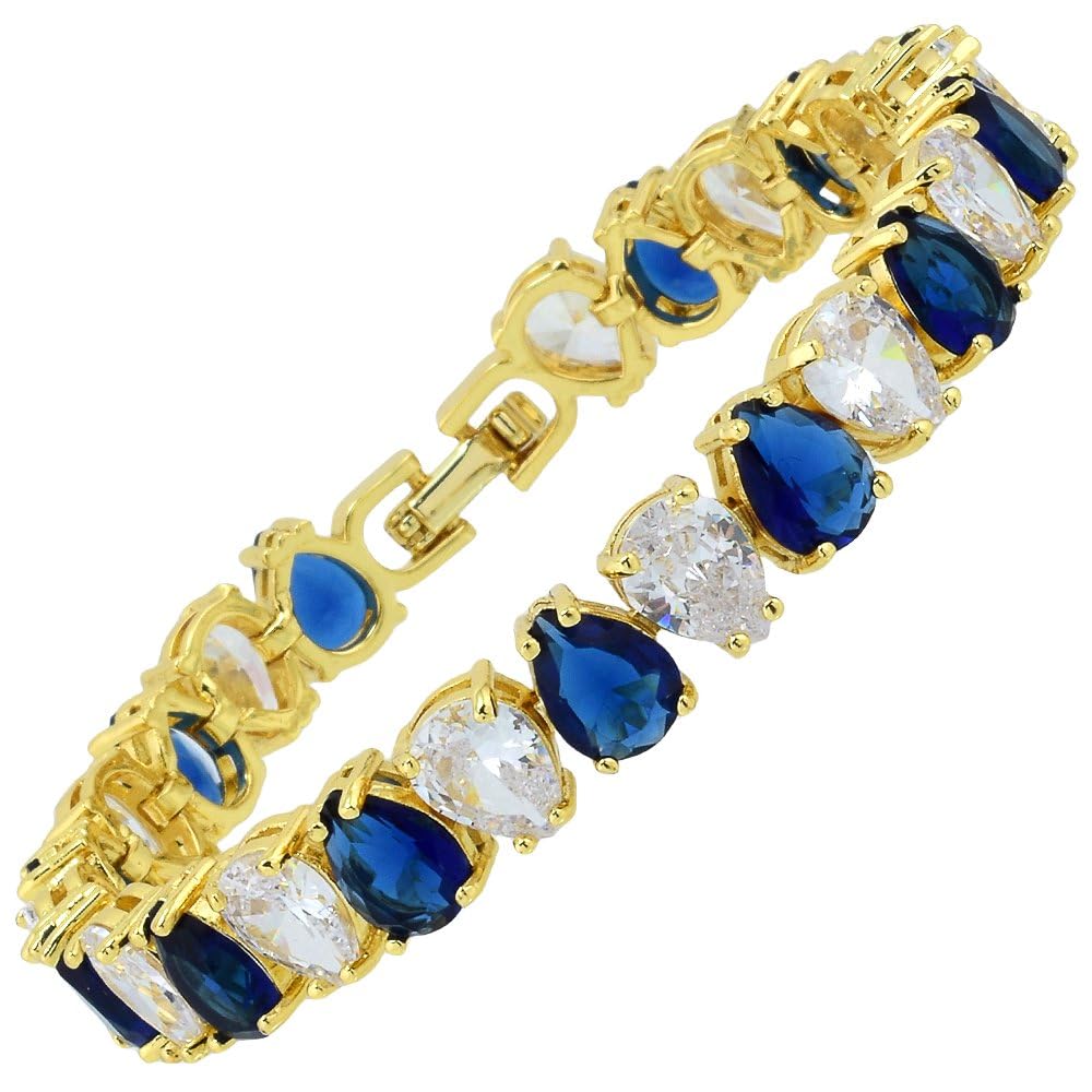 RIZILIA SPECTRUM Trendy Pear-Cut Cubic Zirconia Tennis Bracelet for Women | 14K Gold Plated 6mm Multicolor CZ Stones | 7 Inch Elegant Jewelry Gift for Her