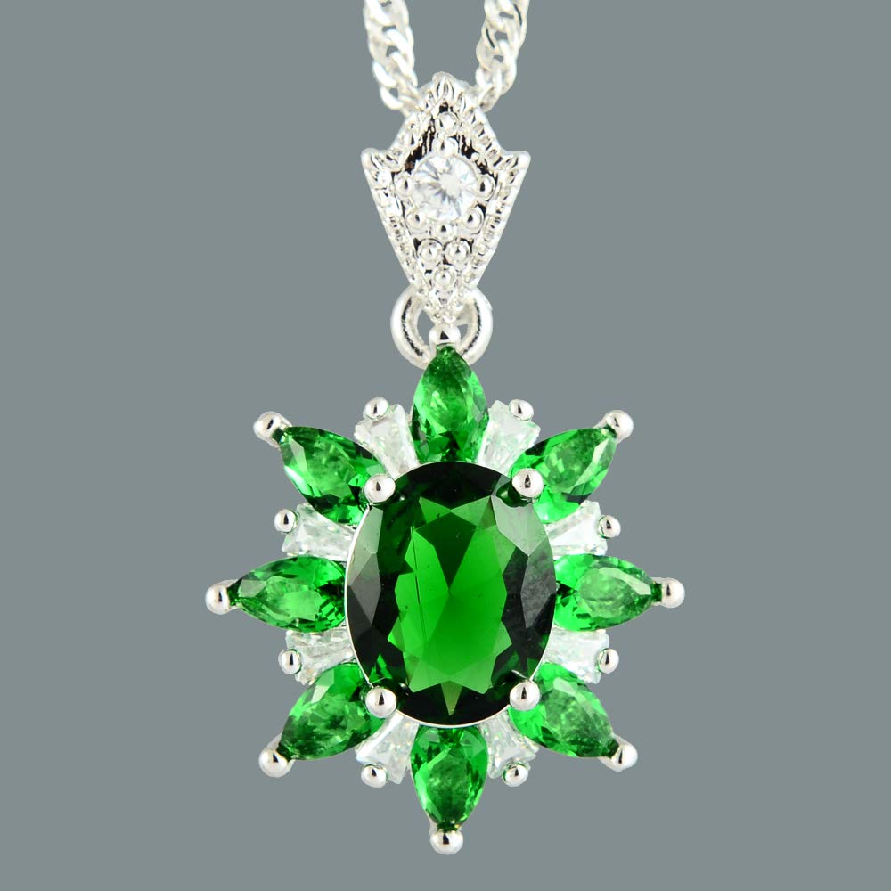 RIZILIA Oval CubicZirconia 18K White Gold Plated Flower Pendant Necklace Curb Chain